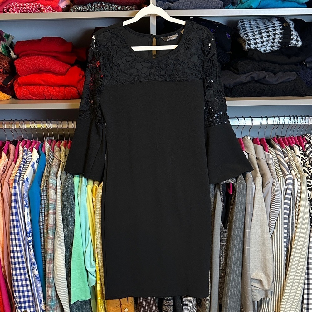 Mlle Gabrielle black 3/4 bell sleeve button closure embroidered dress size S